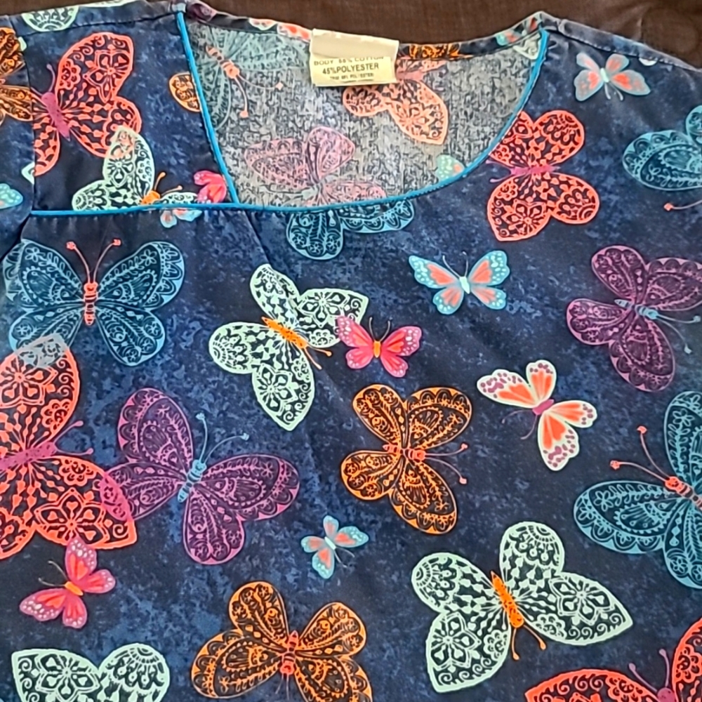 BLue Scrub Top with Butterflies